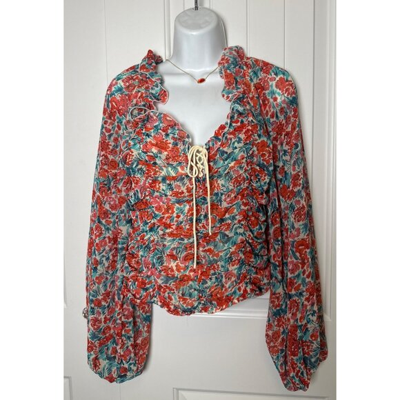 Free People Mabel Printed Blouse Roses Combo Size Medium - Picture 1 of 5